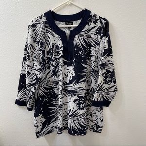 Analog blouse tropical print blue white 1X
